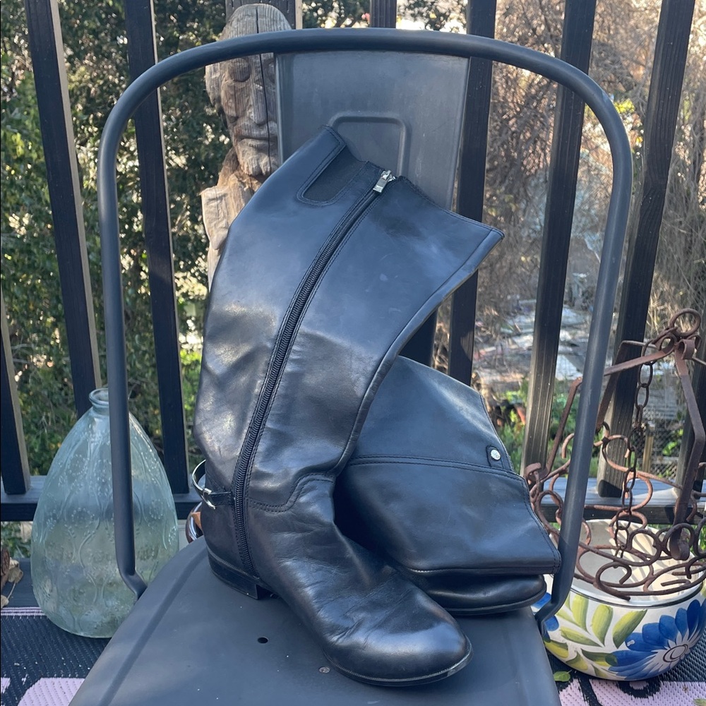 Anne Klein Black Leather Mid-Calf Combat Boots with Side Zip